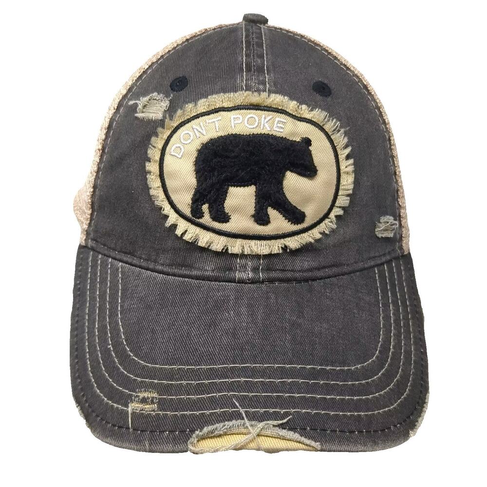 Mason Jar Label Trucker Hat Gray Beige Don't Poke Bear Distressed OS Snapback